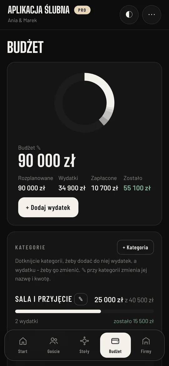 Aplikacja Ślubna Maki Design – budżet wesela z podziałem na kategorie i terminami płatności